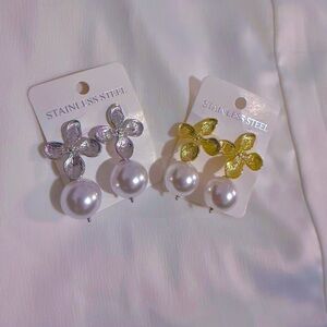 Stainless Steel Floral Earrings with Pearl Accents